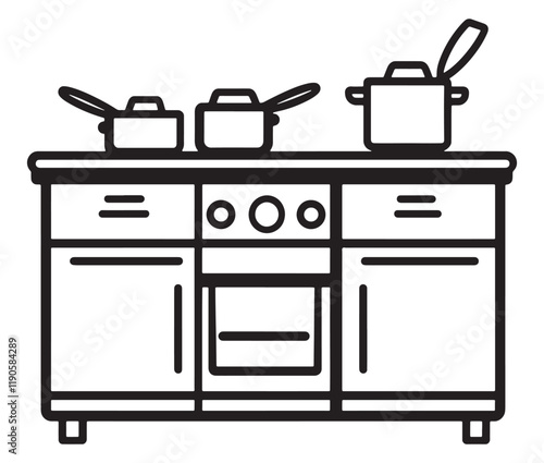 A black and white drawing of a kitchen, Line art kitchen furniture set
