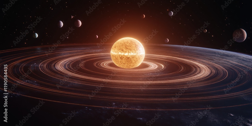 Fototapeta premium A digital model of the solar system, with planets revolving around the sun, visually depicting astronomical theories and the movement of celestial bodies in space.