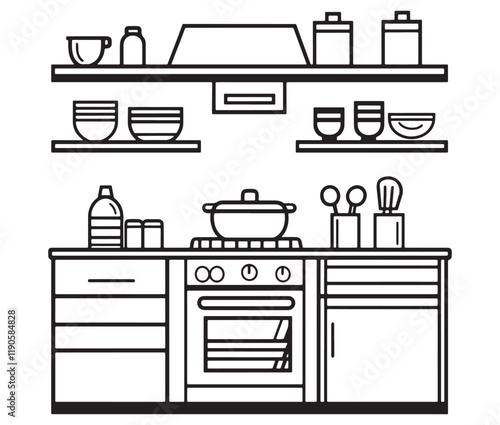 A black and white drawing of a kitchen, Line art kitchen furniture set