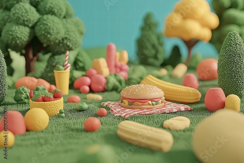 A playful 3D scene of animated food characters having a picnic photo