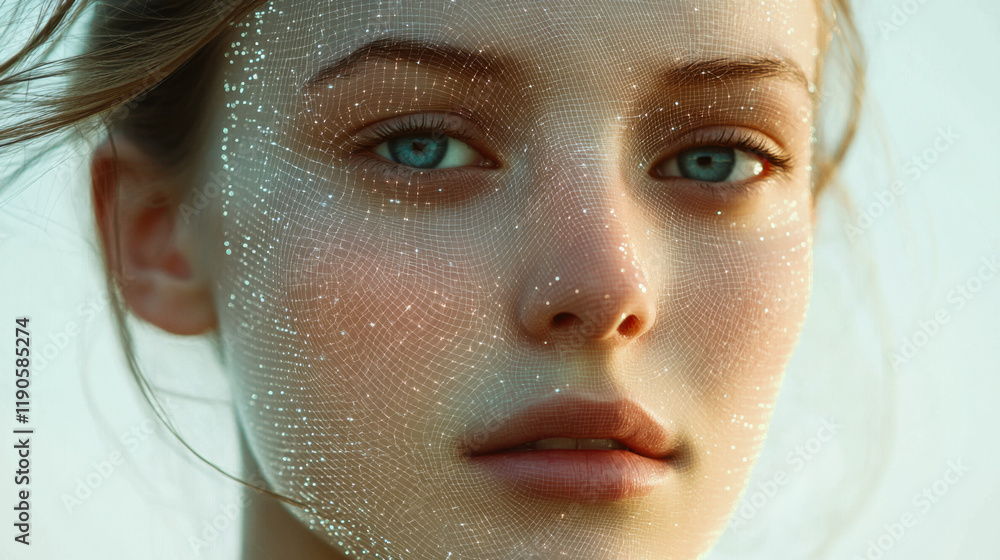 Close-up of a model with shimmering mesh and intricate details, showcasing beauty and artistry in a soft light setting Close-up of a model with shimmering mesh and intricate details, showcasing beauty and artistry in a soft light setting