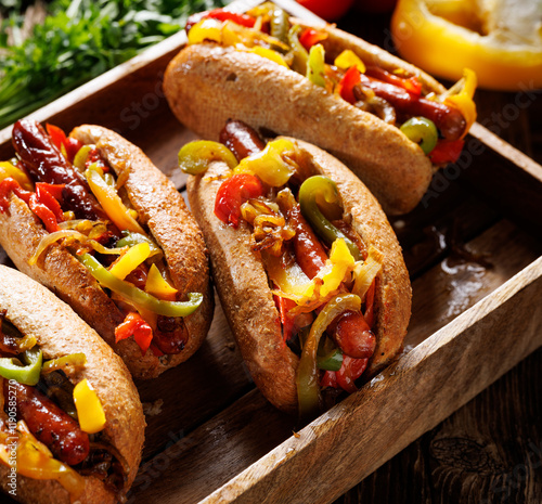 Sausage sandwiches with colorful peppers and onion, focus on the middle, close up view