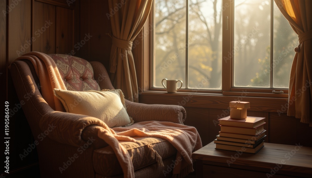 Fototapeta premium Cozy reading nook with armchair and window view