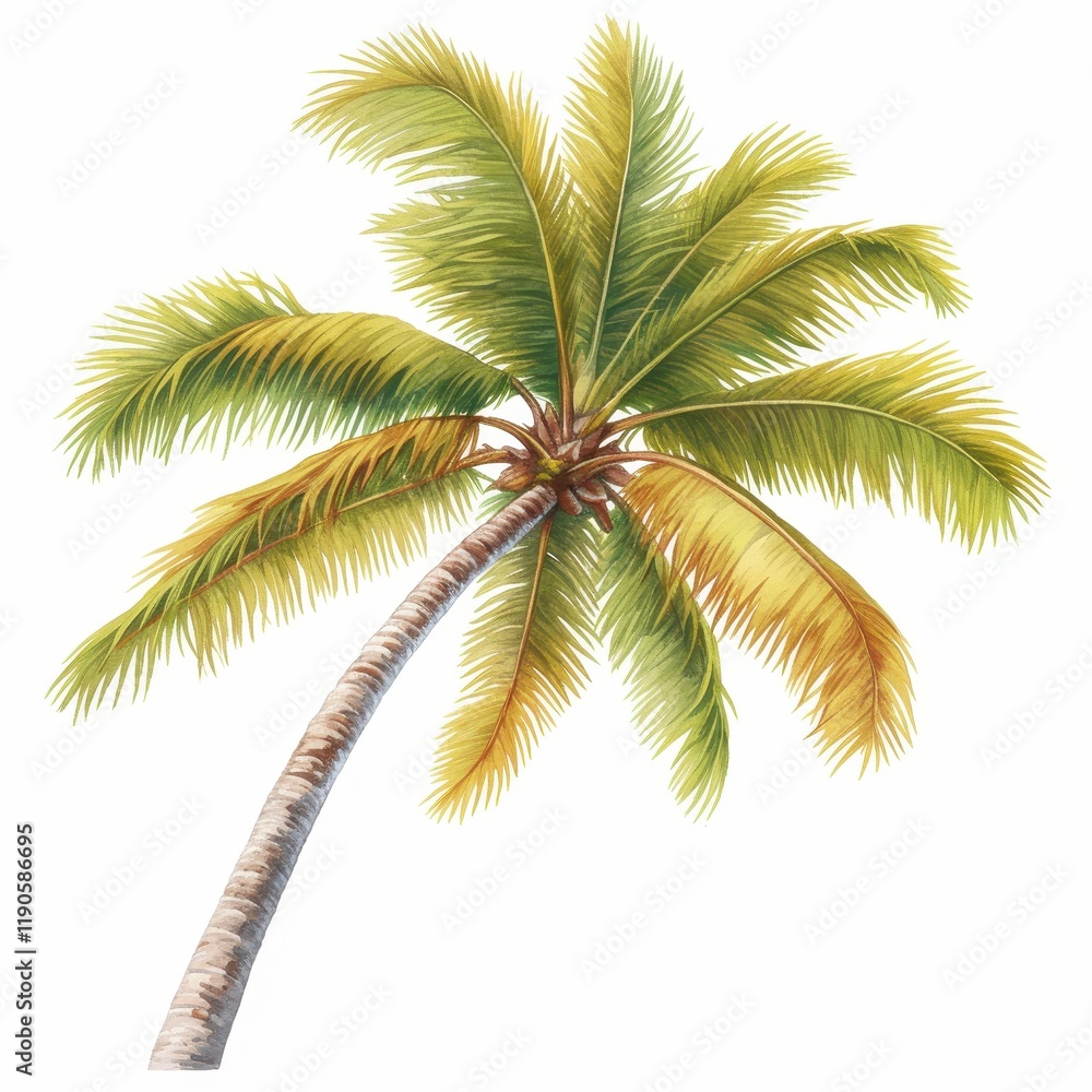 Fototapeta premium Lush Tropical Coconut Palm Tree Watercolor Illustration Summer Vacation Exotic Island