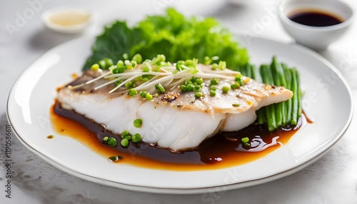 Steamed Dory fillet fish with spicy soy sauce and ginger served on white plate. Chinese food style.
