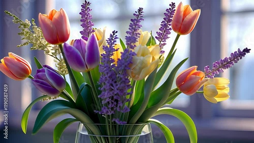 Vibrant Bouquet of Tulips and Lavender in Glass Vase by a Sunlit Window Creating a Fresh and Cheerful Atmosphere

 photo