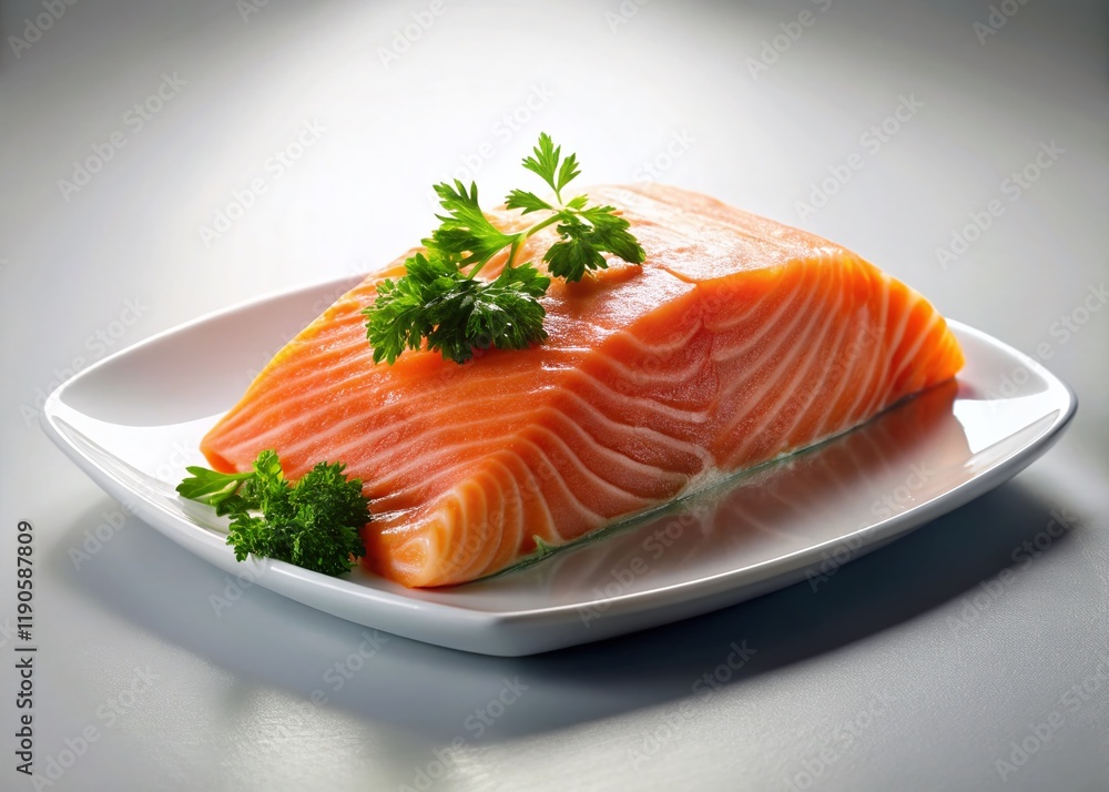 Fresh Salmon Fillet on White Plate - Low Light Food Photography Fresh Salmon Fillet on White Plate - Low Light Food Photography