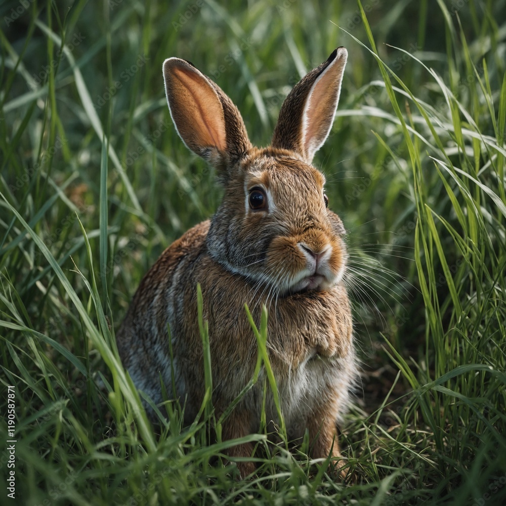 Fototapeta premium A jungle rabbit hiding in tall grass, white background.
