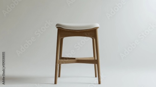 Modern wooden bar stool with a white cushioned seat against a white background. photo