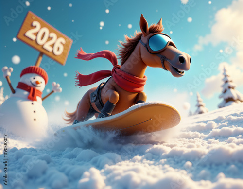 Cheerful horse snowboarding with a snowman and 2026 sign