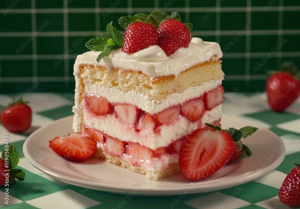 Delicious Strawberry Layer Cake with Fresh Cream and Mint Garnish on a Green Checkered Background Delicious Strawberry Layer Cake with Fresh Cream and Mint Garnish on a Green Checkered Background