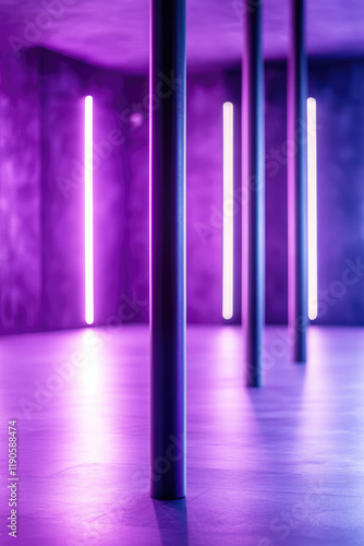 Dance pole in a nightclub. Night club interior, dance floor, neon glow