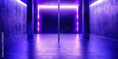 Dance pole in a nightclub. Night club interior, dance floor, neon glow