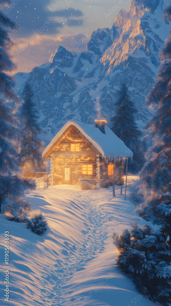 Cozy Wooden Cabin in Snowy Mountains with Warm Light, Scenic Winter Landscape, and Tranquil Holiday Retreat Cozy Wooden Cabin in Snowy Mountains with Warm Light, Scenic Winter Landscape, and Tranquil Holiday Retreat