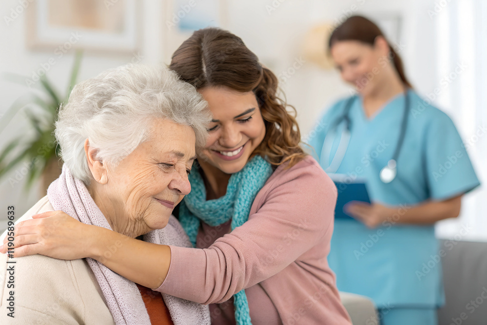 Elderly woman, caregiver and hug with empathy for healthcare, comfort and treatment in senior care at home. People, therapist and embrace for welcome, conversation and support checkup in retirement Elderly woman, caregiver and hug with empathy for healthcare, comfort and treatment in senior care at home. People, therapist and embrace for welcome, conversation and support checkup in retirement