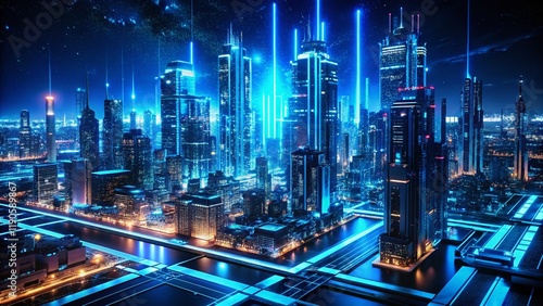 Wallpaper Mural Futuristic Blue Sci-Fi Technology Background: Abstract Night Cityscape with Glowing Lines and Circuits Torontodigital.ca