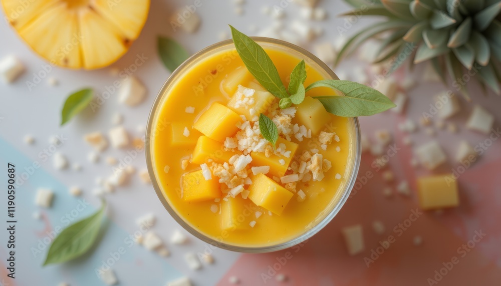 Mango dessert with fresh fruit and coconut flakes Mango dessert with fresh fruit and coconut flakes
