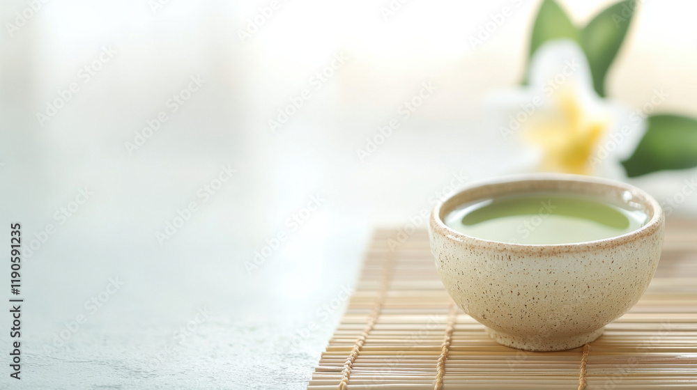 ceramic bowl of green matcha tea on bamboo mat with soft floral background ceramic bowl of green matcha tea on bamboo mat with soft floral background