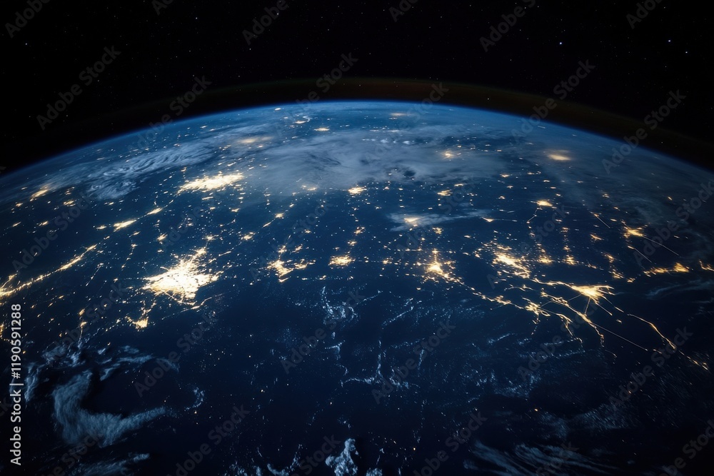 Obraz premium Stunning aerial view of illuminated globe at night showcasing interconnected digital pathways across diverse global locations