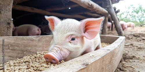 Piglet eats feed from a wooden trough, subsistence farming, pig farming, pork meat industry, pig sty photo