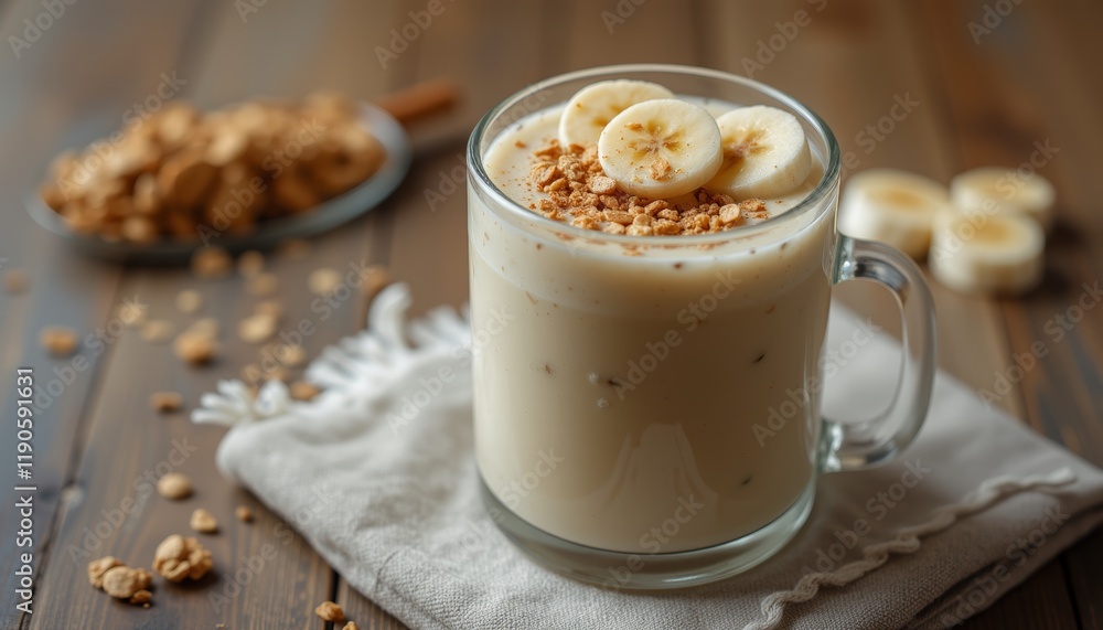 Creamy banana smoothie with granola topping Creamy banana smoothie with granola topping