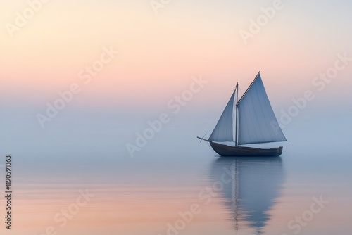 A serene wooden sailboat gliding across calm waters at dusk, perfect for coastal living and nautical-themed projects photo