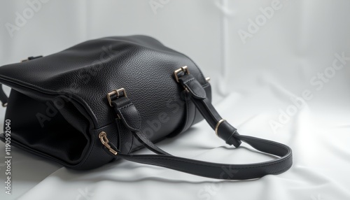 Black leather handbag wrapped in protective plastic photo