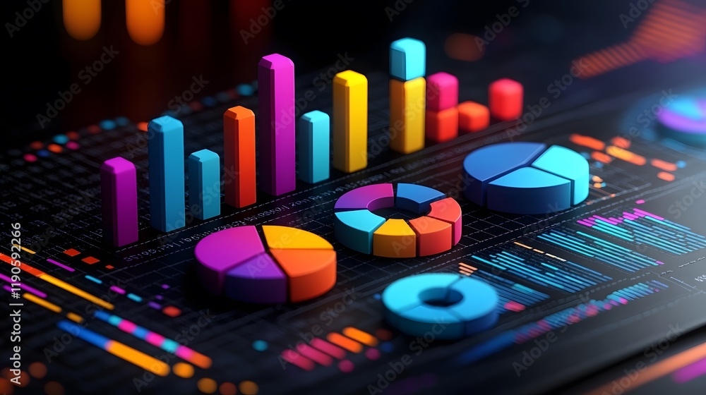 Isometric 3D render of a data analysis concept featuring vibrant pie charts, bar graphs, and line charts Isometric 3D render of a data analysis concept featuring vibrant pie charts, bar graphs, and line charts