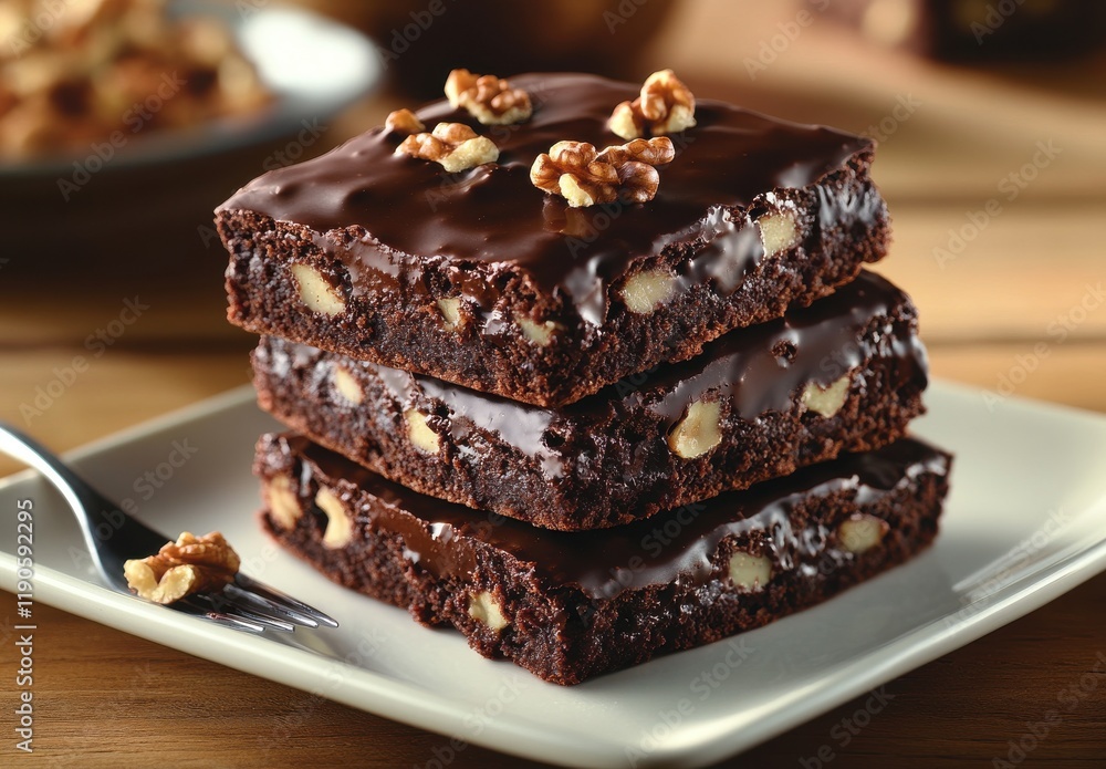 Deliciously Rich Chocolate Brownies Topped with Walnuts on a Plate Served with a Fork Ideal for Dessert and Baking Inspiration Deliciously Rich Chocolate Brownies Topped with Walnuts on a Plate Served with a Fork Ideal for Dessert and Baking Inspiration