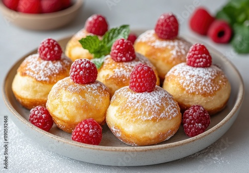 Wallpaper Mural Deliciously Soft Doughnuts Topped with Fresh Raspberries and Dusting of Powdered Sugar in a Light Gray Plate on a Bright Background Torontodigital.ca