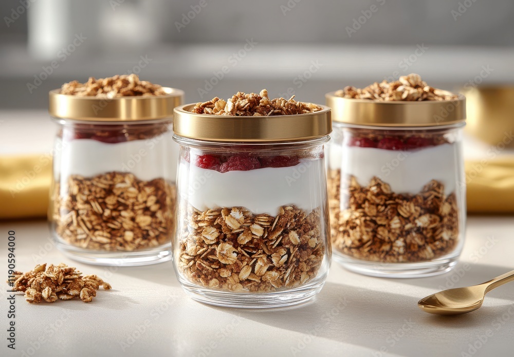 Delightful Layered Yogurt Parfaits with Granola and Fruit in Elegant Glass Jars for Healthy Breakfast or Snack, Perfectly Styled and Ready to Enjoy Delightful Layered Yogurt Parfaits with Granola and Fruit in Elegant Glass Jars for Healthy Breakfast or Snack, Perfectly Styled and Ready to Enjoy