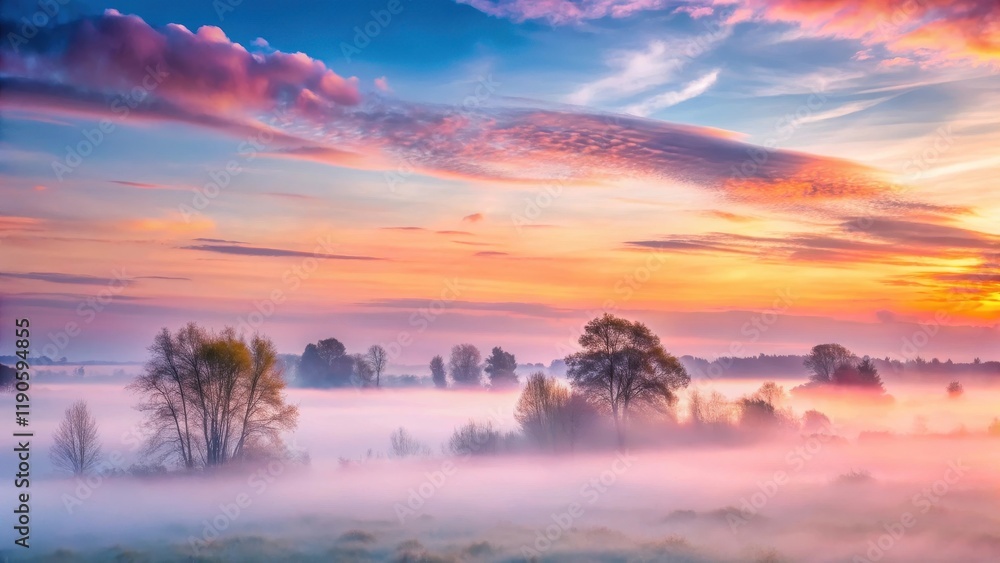 Soft pink hues of sunrise peeking through wispy clouds amidst a serene sky with gentle morning mist, serenity , misty landscape Soft pink hues of sunrise peeking through wispy clouds amidst a serene sky with gentle morning mist, serenity , misty landscape