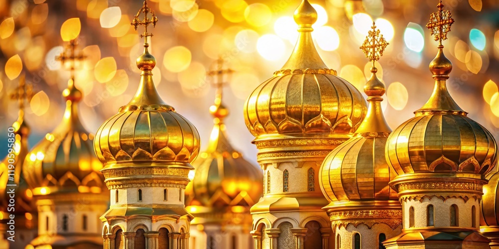 Obraz premium Golden Church Domes, Close-up Bokeh Photography: Architectural Detail & Religious Symbolism