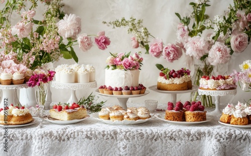 Wallpaper Mural Elegant Dessert Table Displayed with Assorted Cakes, Cupcakes, and Floral Arrangements for a Celebratory Occasion Torontodigital.ca