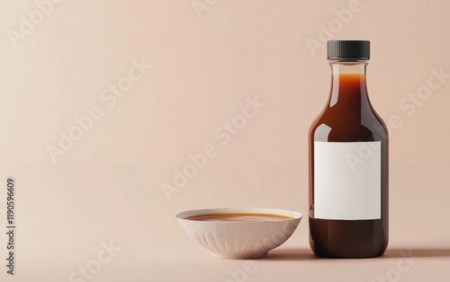 A bottle mockup for sauces with a blank label, standing next to a bowl of dipping sauce on a pastel beige surface photo