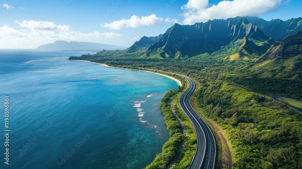 Coastal highway winding through Oahu's mountains, ocean view, travel brochure Coastal highway winding through Oahu's mountains, ocean view, travel brochure