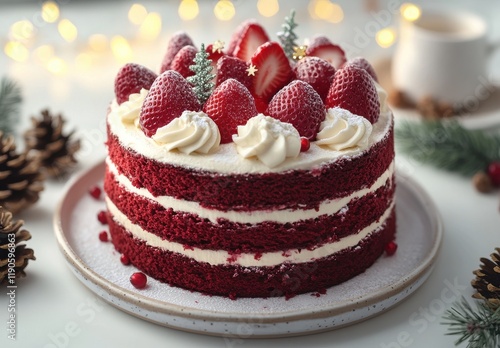 Wallpaper Mural Elegant Red Velvet Cake with Fresh Strawberries and Whipped Cream Topping Surrounded by Pine Cones and Holiday Lights for Festive Celebrations and Gatherings Torontodigital.ca
