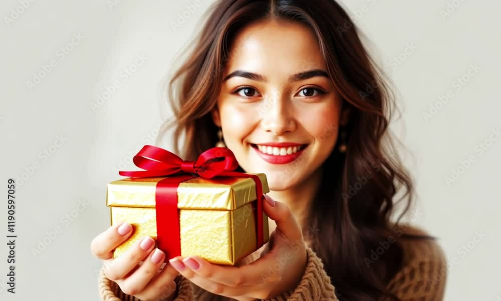 woman wearing brown sweater giving gift of gold box woman wearing brown sweater giving gift of gold box