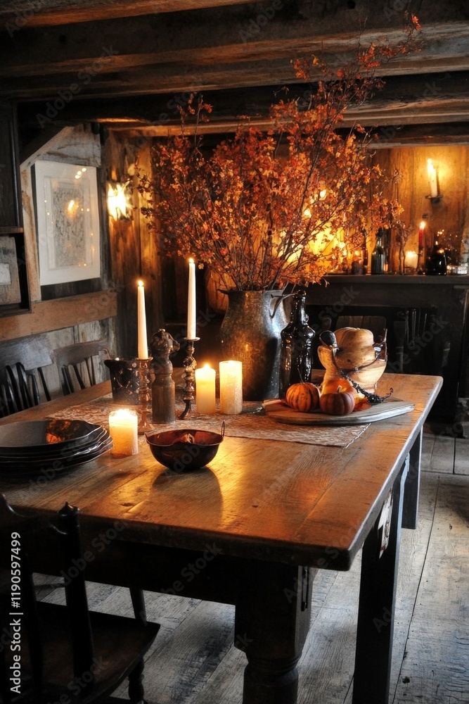 A dynamic dining room with a rustic wooden table, warm candlelight, and autumn-inspired decor