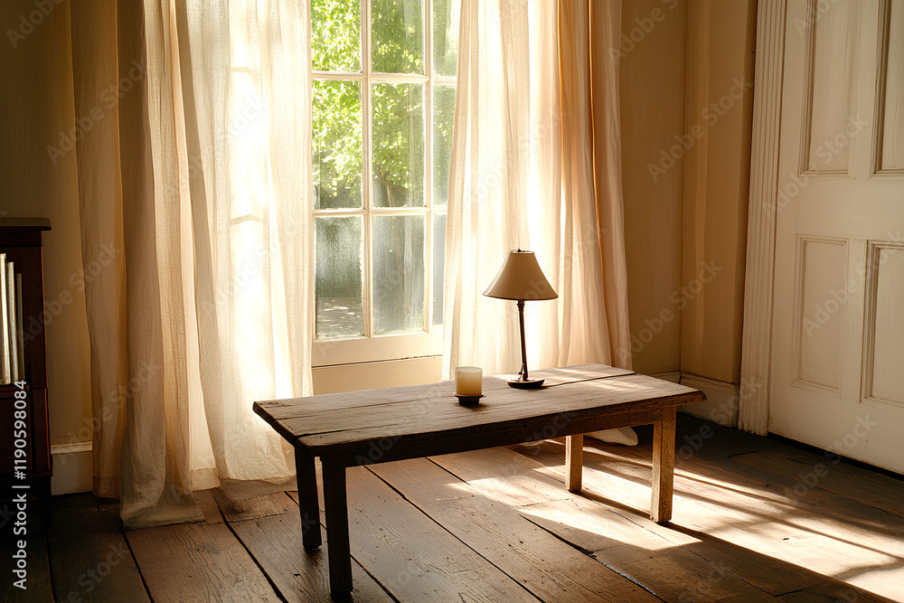 Fototapeta premium Minimalist Living Room with Vintage Lamp and Candle Holder on Wooden Table 