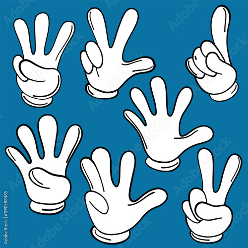  Numbers shown by hands in white gloves. In cartoon style, without shadows. Vector illustration