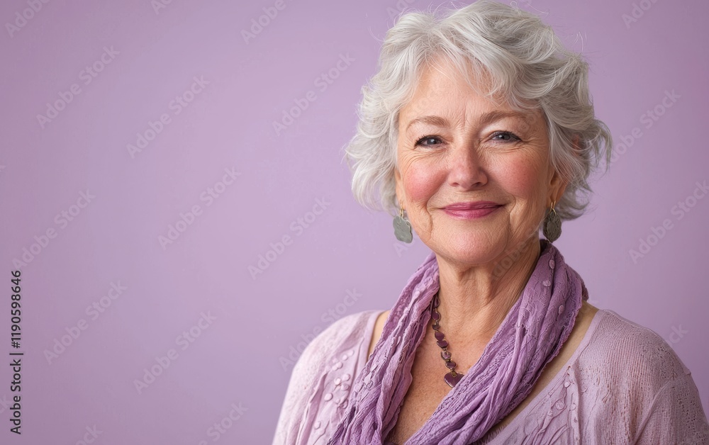 A calm elderly woman smiling gently, with a soft pastel lavender background A calm elderly woman smiling gently, with a soft pastel lavender background