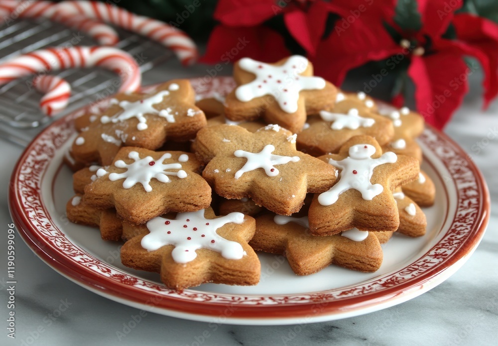Festive Holiday Cookies Decorated with Icing in Star and Snowflake Shapes Surrounded by Poinsettias and Candy Canes for a Cozy Celebration Festive Holiday Cookies Decorated with Icing in Star and Snowflake Shapes Surrounded by Poinsettias and Candy Canes for a Cozy Celebration