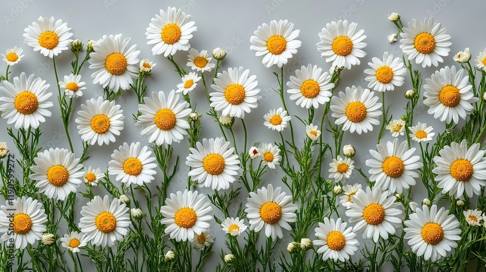 Chamomile flowers isolated against a light grey background, known for their medicinal properties Chamomile flowers isolated against a light grey background, known for their medicinal properties