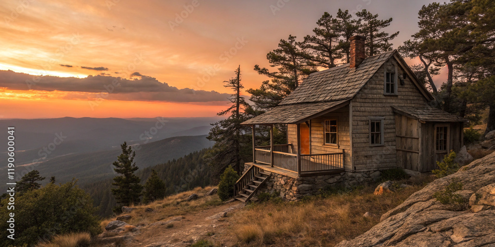 Old House on the Mountain at Sunset Creating a Picturesque Scene