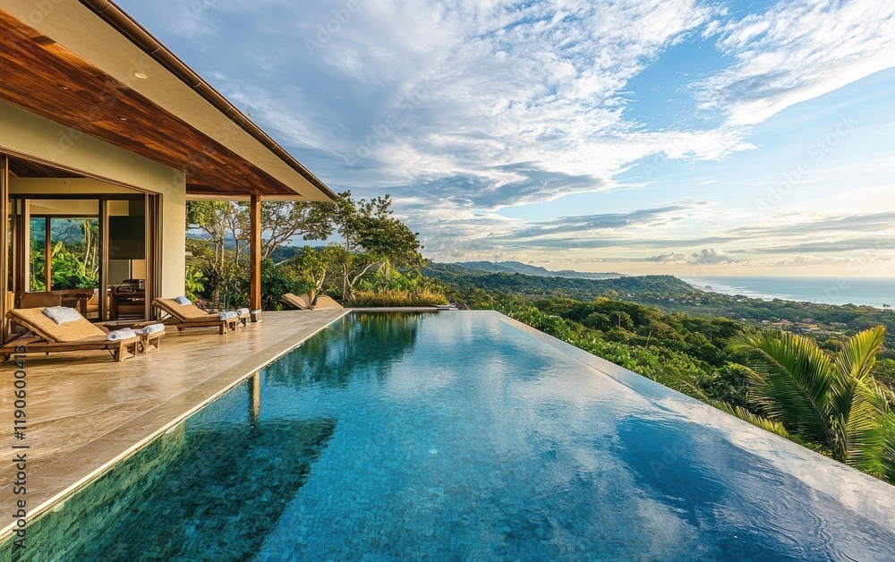 Fototapeta premium A contemporary villa with an infinity pool, overlooking a breathtaking coastal landscape