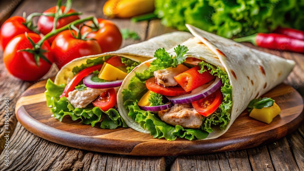 Grilled Chicken Wrap with Fresh Vegetables - Delicious Healthy Lunch Grilled Chicken Wrap with Fresh Vegetables - Delicious Healthy Lunch