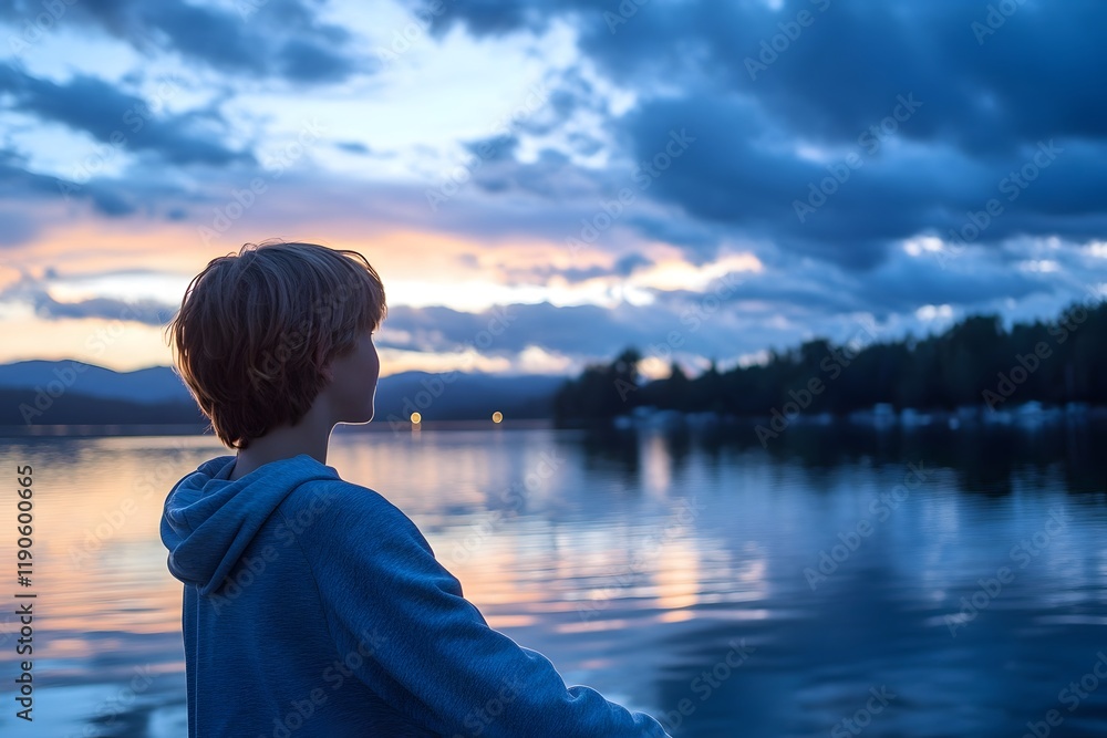 Boy Watching Sunset over Lake Boy Watching Sunset over Lake