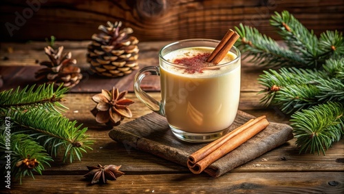 Creamy Eggnog with cinnamon sticks garnished on a wooden table, drink, rustic decor,  drink, rustic decor