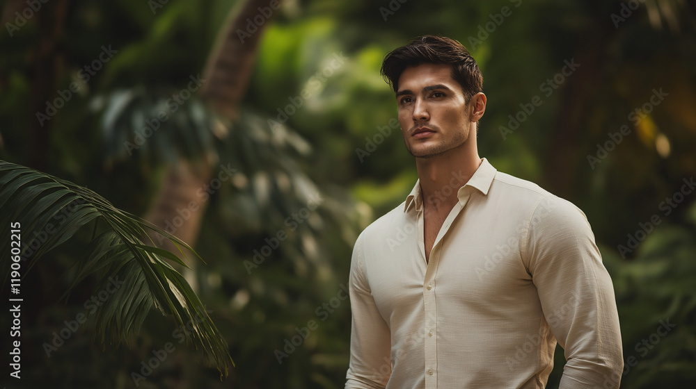 Hispanic athletic man in casual wear amid tropical foliage. Ideal for luxury resort marketing, premium lifestyle brands, or travel content. Hispanic athletic man in casual wear amid tropical foliage. Ideal for luxury resort marketing, premium lifestyle brands, or travel content.